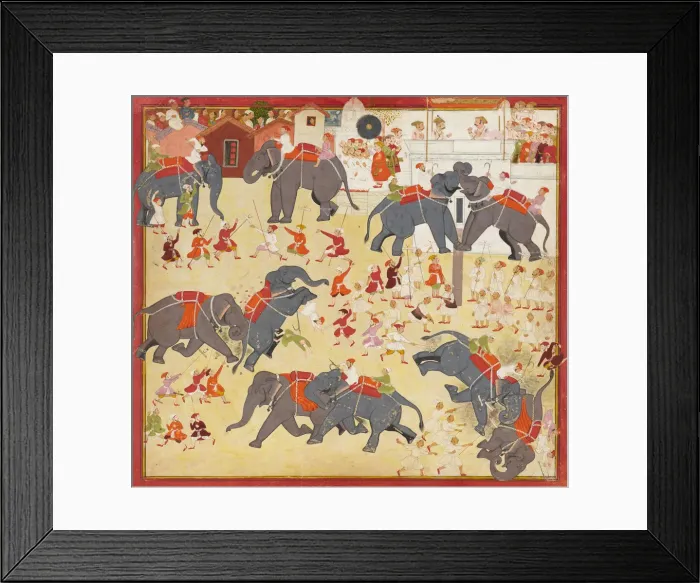 Framed Print : Maharana Raj Singh observing an elephant fight, ca. 1670-1675. Creator: Unknown Framed Print : Maharana Raj Singh observing an elephant fight, ca. 1670-1675. Creator: Unknown