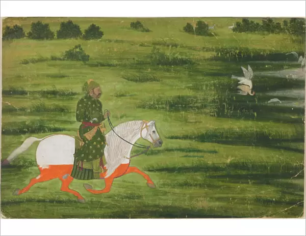 A mounted man hunting birds with a falcon, early 18th century. Creator: Unknown