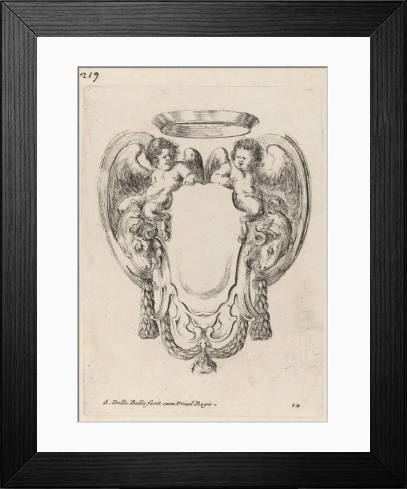 Framed Print : Cartouche with Rams and Infant Satyrs, 1647. Creator: Stefano della Bella Framed Print : Cartouche with Rams and Infant Satyrs, 1647. Creator: Stefano della Bella