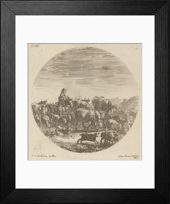 Framed Print : Peasant Seated on a Horse with Cows, Sheep, and Goats. Creator: Stefano della Bella Framed Print : Peasant Seated on a Horse with Cows, Sheep, and Goats. Creator: Stefano della Bella