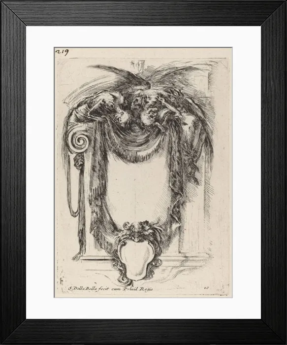 Framed Print : Cartouche Suspended from Corpses, 1647. Creator: Stefano della Bella Framed Print : Cartouche Suspended from Corpses, 1647. Creator: Stefano della Bella