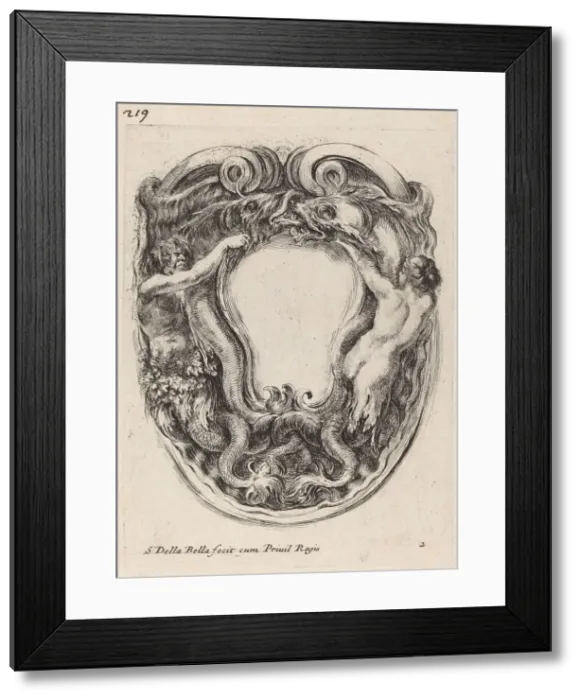 Framed Print : Cartouche Supported by Triton and Siren, 1647. Creator: Stefano della Bella Framed Print : Cartouche Supported by Triton and Siren, 1647. Creator: Stefano della Bella