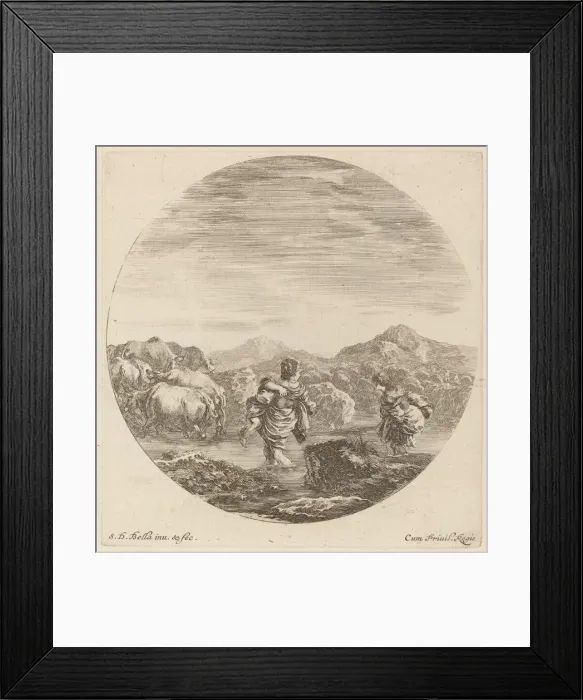 Framed Print : Two Women Fording a Creek with a Herd of Cows. Creator: Stefano della Bella Framed Print : Two Women Fording a Creek with a Herd of Cows. Creator: Stefano della Bella