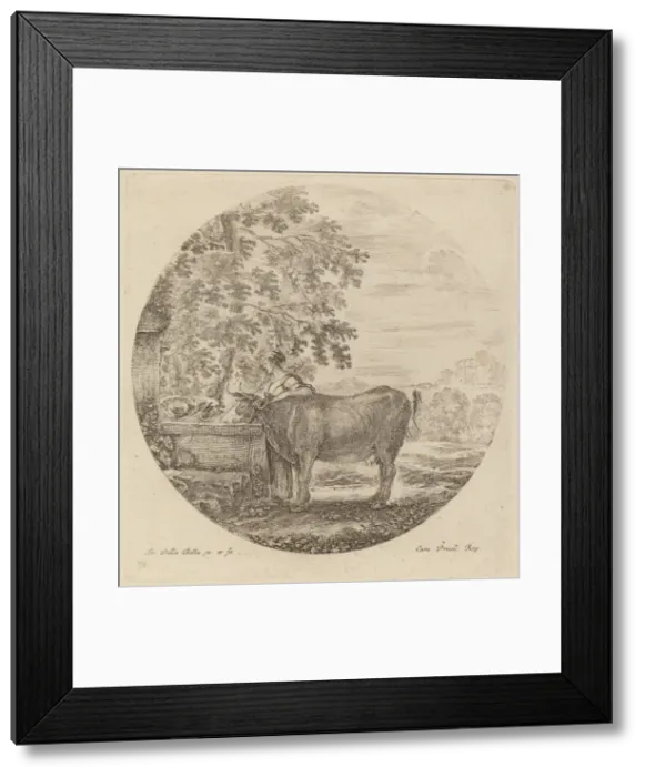 Framed Print : Cow and Young Shepherd at a Fountain. Creator: Stefano della Bella Framed Print : Cow and Young Shepherd at a Fountain. Creator: Stefano della Bella