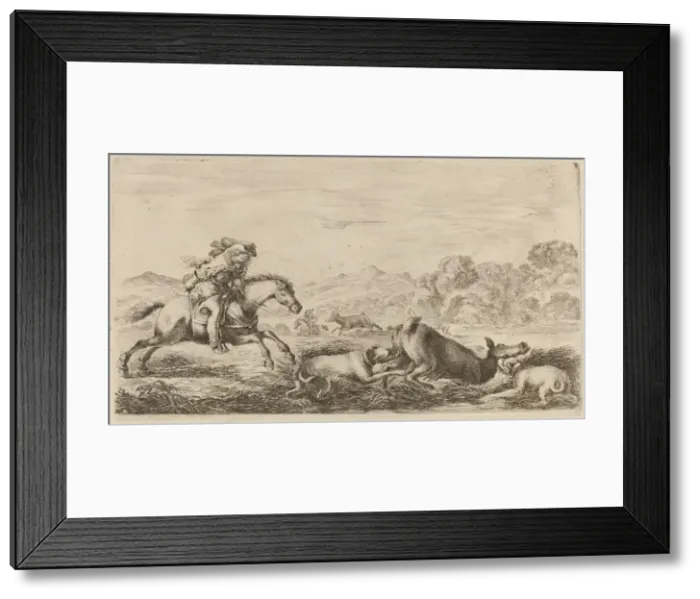 Framed Print : Doe in a Marsh Attacked by Two Dogs. Creator: Stefano della Bella Framed Print : Doe in a Marsh Attacked by Two Dogs. Creator: Stefano della Bella