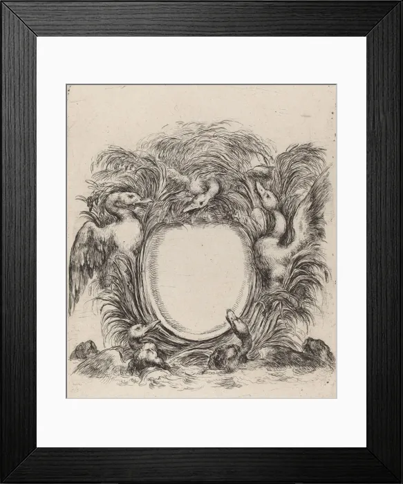 Framed Print : Cartouche with Ducks and Dogs, 1647. Creator: Stefano della Bella Framed Print : Cartouche with Ducks and Dogs, 1647. Creator: Stefano della Bella