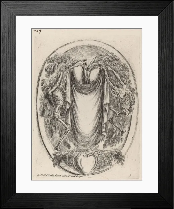 Framed Print : Cartouche in the Form of a Drape Suspended from a Cypress Flanked by Skeletons, 1647 Framed Print : Cartouche in the Form of a Drape Suspended from a Cypress Flanked by Skeletons, 1647