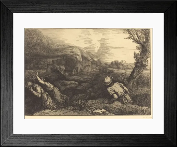 Framed Print : Fire in the Hamlet (L incendie du hameau). Creator: Alphonse Legros Framed Print : Fire in the Hamlet (L incendie du hameau). Creator: Alphonse Legros