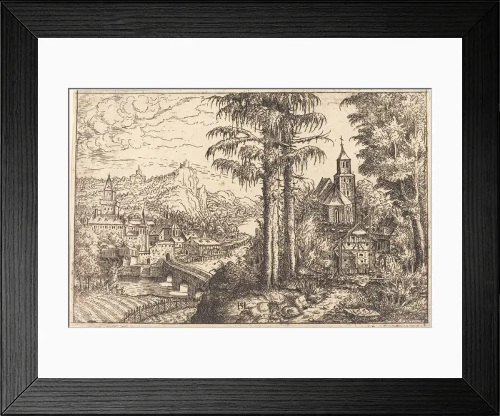Framed Print : View of a Town near a River with a Church on the Right, 1553 Framed Print : View of a Town near a River with a Church on the Right, 1553