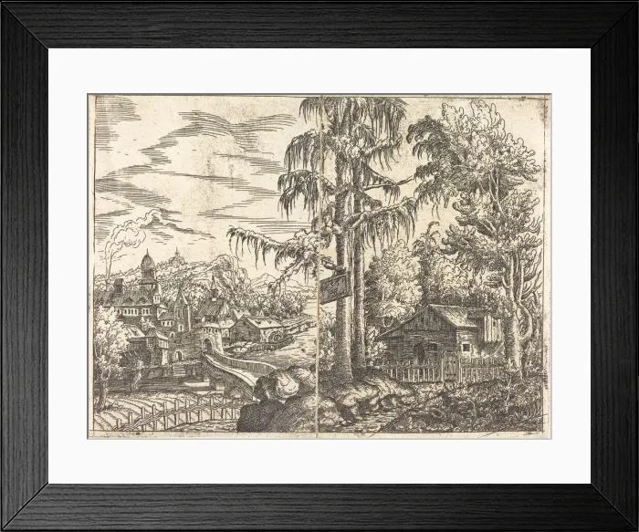 Framed Print : Landscape with View of a Farmers Cottage and a Town near a River, 1551 Framed Print : Landscape with View of a Farmers Cottage and a Town near a River, 1551
