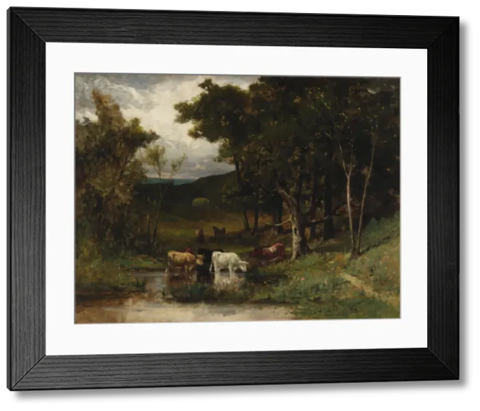 Framed Print : Untitled (landscape with cows in stream near trees), 1882 Framed Print : Untitled (landscape with cows in stream near trees), 1882
