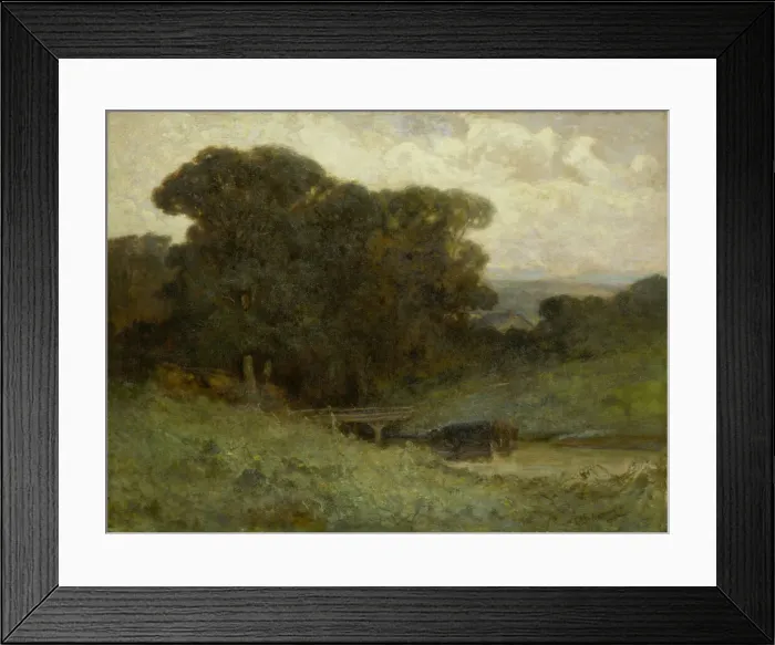Framed Print : Untitled (forest scene with bridge, cows in stream in foreground), 1897 Framed Print : Untitled (forest scene with bridge, cows in stream in foreground), 1897