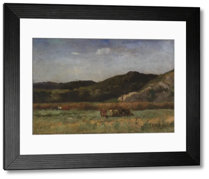 Framed Print : Untitled (landscape with cows grazing, hills), 1891. Creator: Edward Mitchell Bannister