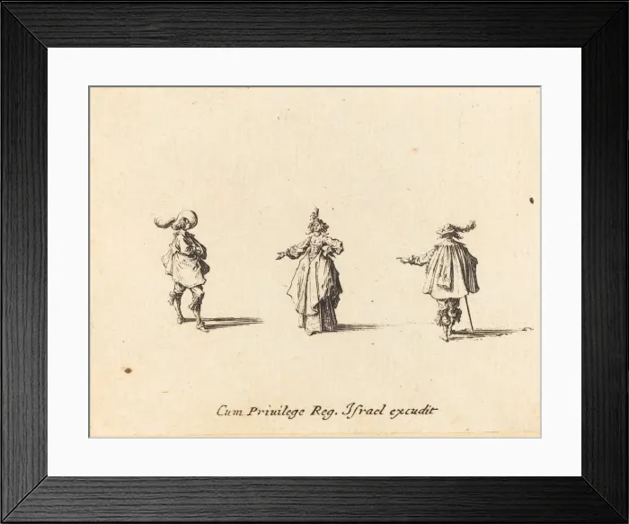 Framed Print : Lady with Outstretched Arm, and Two Gentlemen, probably 1634. Creator: Jacques Callot Framed Print : Lady with Outstretched Arm, and Two Gentlemen, probably 1634. Creator: Jacques Callot