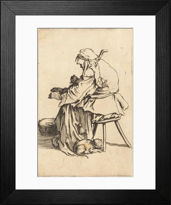 Framed Print : Old Woman with Cats, c. 1622. Creator: Jacques Callot Framed Print : Old Woman with Cats, c. 1622. Creator: Jacques Callot