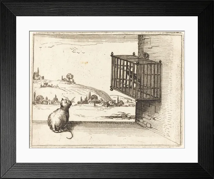 Framed Print : Cat Watching Caged Bird, 1628. Creator: Jacques Callot Framed Print : Cat Watching Caged Bird, 1628. Creator: Jacques Callot