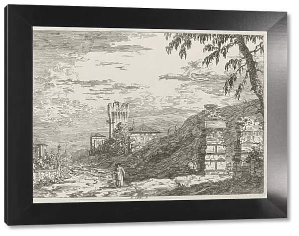 Landscape with Tower and Two Ruined Pillars [left], c. 1735  /  1746. Creator: Canaletto