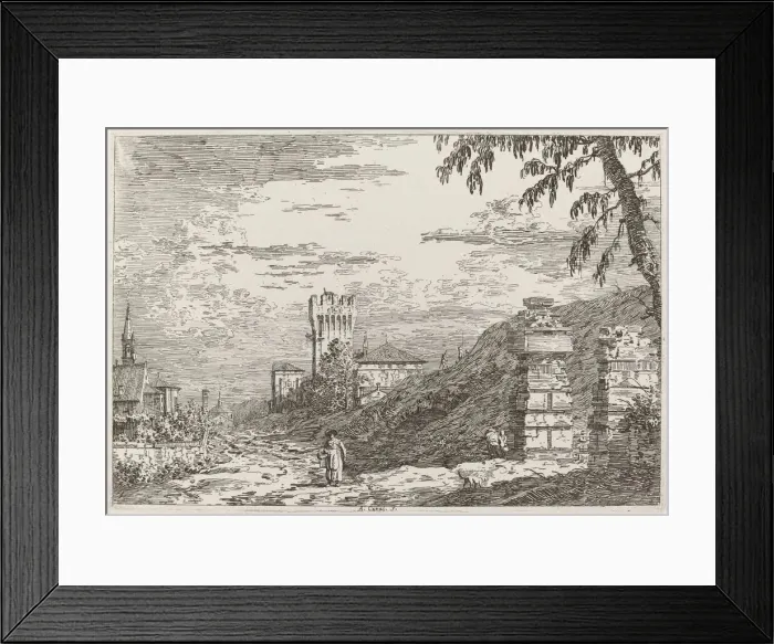 Framed Print : Landscape with Tower and Two Ruined Pillars [left], c. 1735  /  1746. Creator: Canaletto