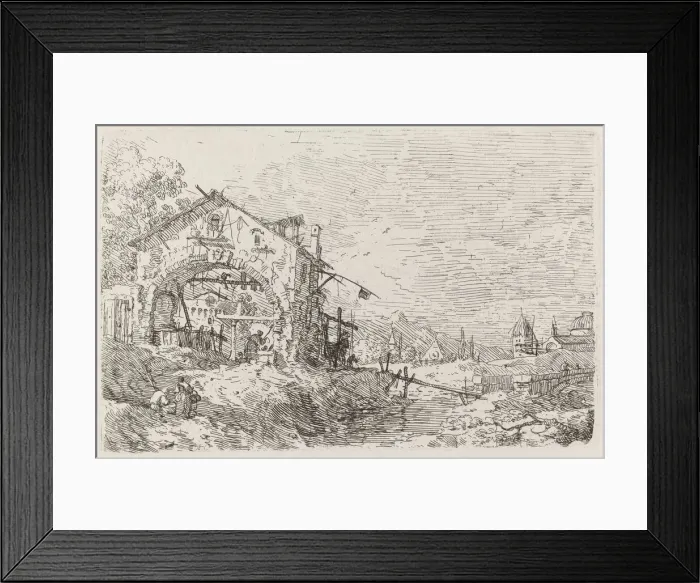 Framed Print : Landscape with a Woman at a Well [lower left], c. 1735  /  1746. Creator: Canaletto