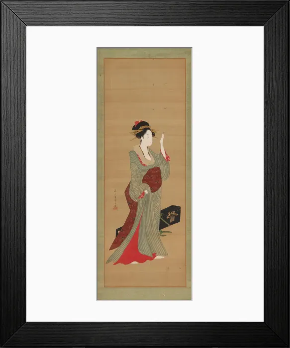 Framed Print : A geisha about to adjust a tortoise-shell hairpin, late 18th century Framed Print : A geisha about to adjust a tortoise-shell hairpin, late 18th century