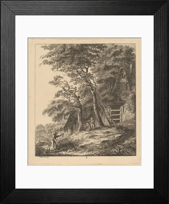 Framed Print : A Fisherman and Two Children in a Landscape with Thatched Cottages, 1764