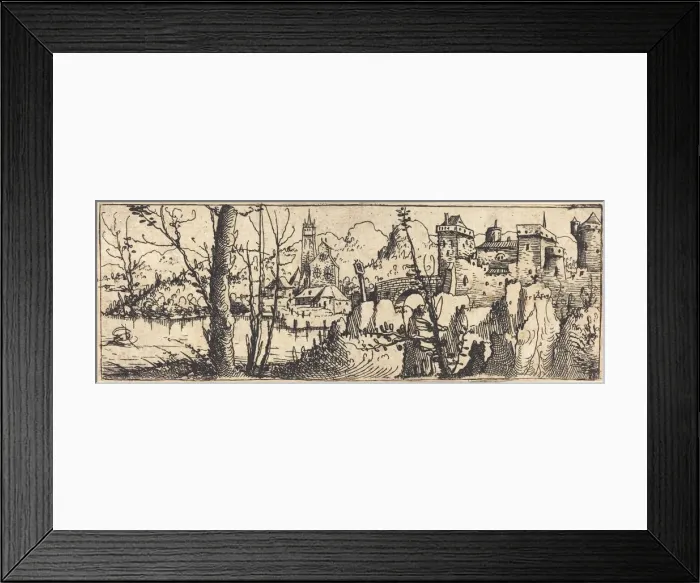 Framed Print : Landscape with Castle at Right, Surrounded by Rocks, 1546. Creator: Augustin Hirschvogel Framed Print : Landscape with Castle at Right, Surrounded by Rocks, 1546. Creator: Augustin Hirschvogel