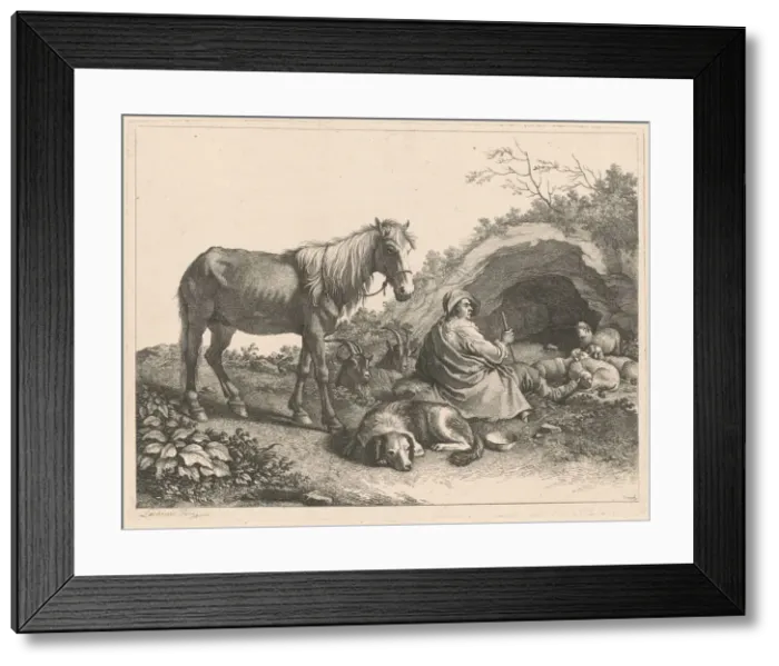 Framed Print : Seated Shepherd with Horse, Dog, Goats and Sheep, after 1776. Creator: Francesco Londonio Framed Print : Seated Shepherd with Horse, Dog, Goats and Sheep, after 1776. Creator: Francesco Londonio
