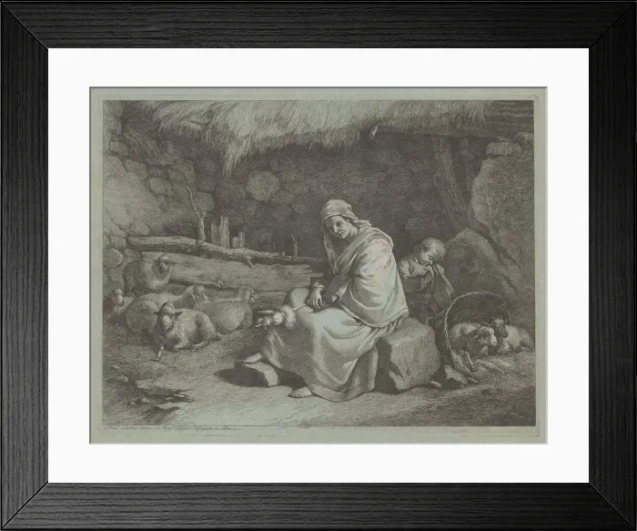 Framed Print : Interior of a Stable with a Seated Spinner and Sleeping Child, 1759 / 1782 Framed Print : Interior of a Stable with a Seated Spinner and Sleeping Child, 1759 / 1782