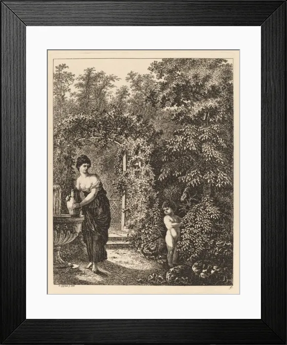 Framed Print : Putto Visiting a Girl at a Fountain, 1771. Creator: Salomon Gessner Framed Print : Putto Visiting a Girl at a Fountain, 1771. Creator: Salomon Gessner