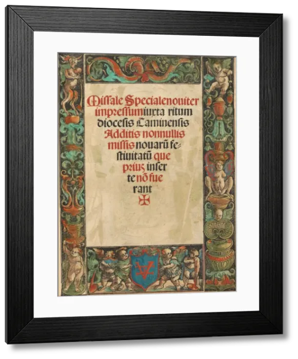 Framed Print : Title Page for a Missal, with Satyr and Putti Border [verso], c. 1511. Creator: Urs Graf