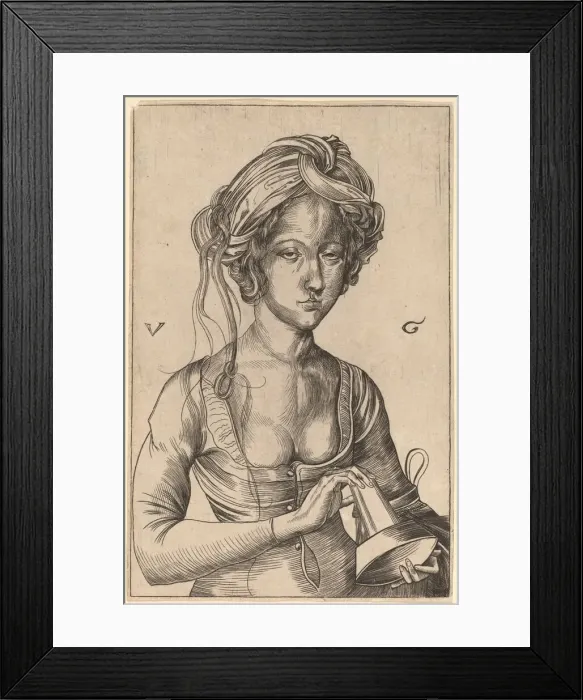 Framed Print : A Bust Figure of a Foolish Virgin Holding Her Inverted Lamp. Creator: Urs Graf Framed Print : A Bust Figure of a Foolish Virgin Holding Her Inverted Lamp. Creator: Urs Graf