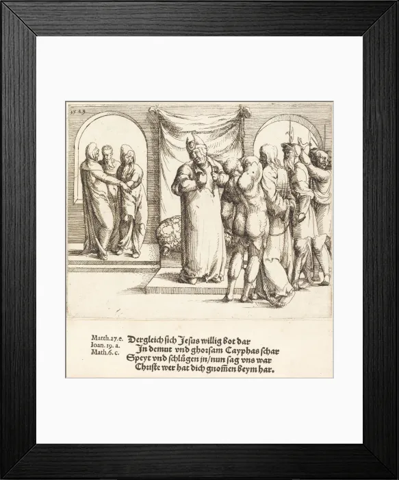 Framed Print : Christ is Mocked, and Caiaphas Rends His Garments, 1549. Creator: Augustin Hirschvogel Framed Print : Christ is Mocked, and Caiaphas Rends His Garments, 1549. Creator: Augustin Hirschvogel