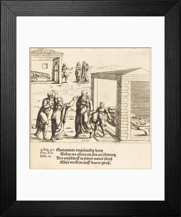 Framed Print : Elisha Raises the Son of the Shunammite, 1547. Creator: Augustin Hirschvogel Framed Print : Elisha Raises the Son of the Shunammite, 1547. Creator: Augustin Hirschvogel