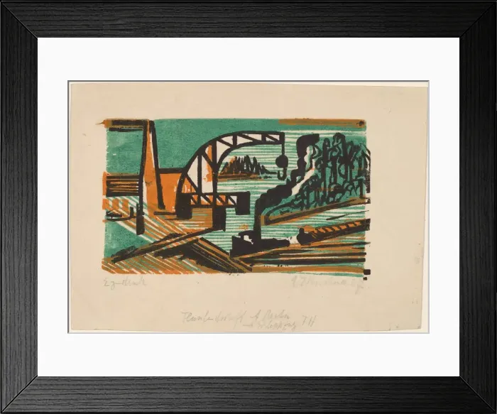 Framed Print : River Landscape with Crane and Barges, 1927. Creator: Ernst Kirchner