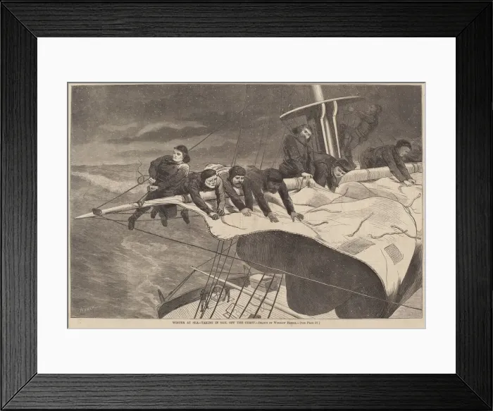 Framed Print : Winter at Sea - Taking in Sail Off the Coast, published 1869. Creator: Winslow Homer Framed Print : Winter at Sea - Taking in Sail Off the Coast, published 1869. Creator: Winslow Homer