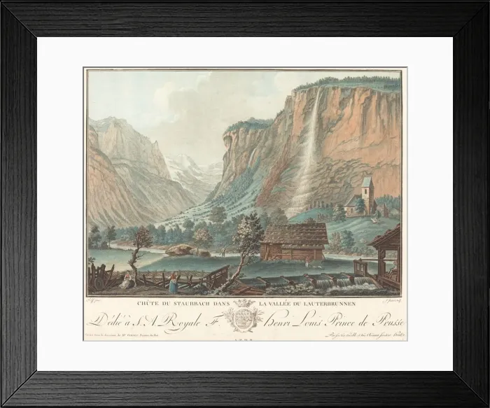 Framed Print : Chute de Staubbach, dans la Vallee de Lauterbrunnen (Falls at Staubbach... probably 1776. Creator: Jean Francois Janinet) Framed Print : Chute de Staubbach, dans la Vallee de Lauterbrunnen (Falls at Staubbach... probably 1776. Creator: Jean Francois Janinet)
