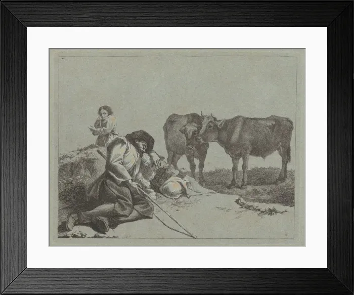 Framed Print : Sleeping Shepherd, Two Calves, and a Peasant Woman, 1762 / 1763 Framed Print : Sleeping Shepherd, Two Calves, and a Peasant Woman, 1762 / 1763
