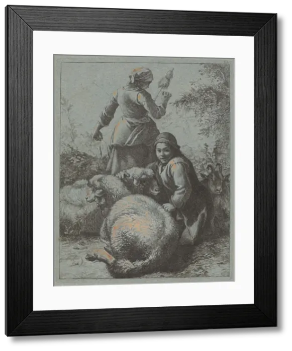 Framed Print : Woman Spinner and a Shepherd with Flock, 1758 / 1759. Creator: Francesco Londonio Framed Print : Woman Spinner and a Shepherd with Flock, 1758 / 1759. Creator: Francesco Londonio