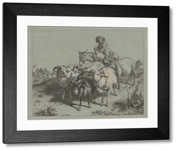Framed Print : Boy on a Donkey Driving a Flock, 1763. Creator: Francesco Londonio Framed Print : Boy on a Donkey Driving a Flock, 1763. Creator: Francesco Londonio