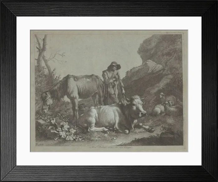 Framed Print : Shepherd Resting on a Walking Stick with an Old Horse and a Reclining Bull, after 1767 Framed Print : Shepherd Resting on a Walking Stick with an Old Horse and a Reclining Bull, after 1767
