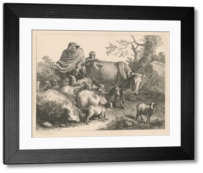 Framed Print : Shepherd Wearing a Cape Driving a Flock, after 1776. Creator: Francesco Londonio Framed Print : Shepherd Wearing a Cape Driving a Flock, after 1776. Creator: Francesco Londonio