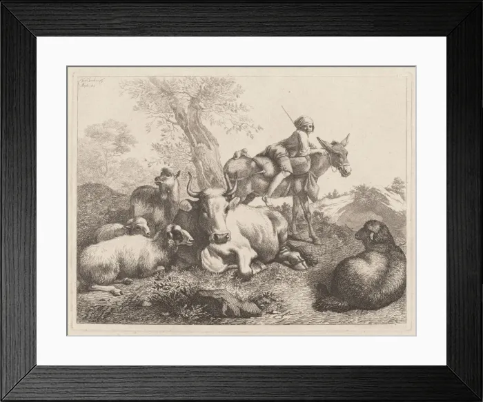 Framed Print : Boy on a Donkey Watching over a Group of Animals, 1763. Creator: Francesco Londonio Framed Print : Boy on a Donkey Watching over a Group of Animals, 1763. Creator: Francesco Londonio