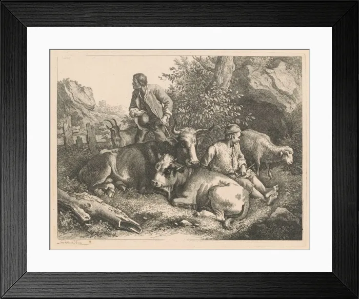 Framed Print : Two Shepherds with a Cow and Calf, after 1776. Creator: Francesco Londonio Framed Print : Two Shepherds with a Cow and Calf, after 1776. Creator: Francesco Londonio