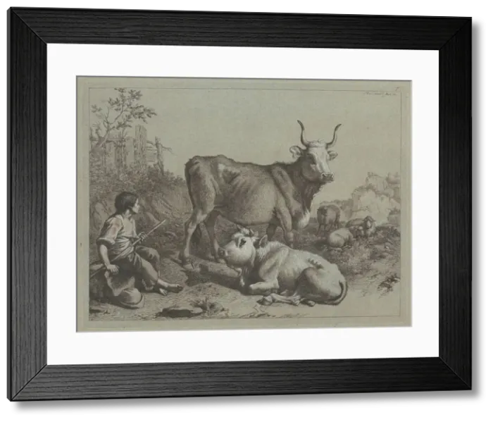Framed Print : Seated Shepherd with a Bull and Bullock, 1763. Creator: Francesco Londonio Framed Print : Seated Shepherd with a Bull and Bullock, 1763. Creator: Francesco Londonio