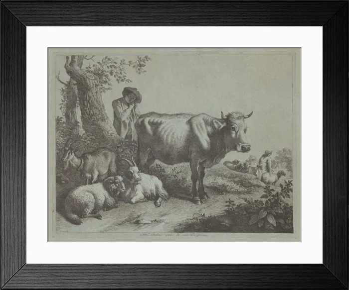 Framed Print : Standing Cow and a Shepherd Boy with Flock, 1760s. Creator: Francesco Londonio Framed Print : Standing Cow and a Shepherd Boy with Flock, 1760s. Creator: Francesco Londonio