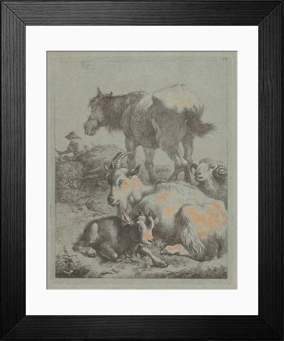 Framed Print : Horse, Ram, Goat with Kid; In the Distance a Shepherd with Flock, 1759 Framed Print : Horse, Ram, Goat with Kid; In the Distance a Shepherd with Flock, 1759