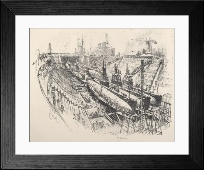 Framed Print : Submarines in Dry Dock, 1917. Creator: Joseph Pennell Framed Print : Submarines in Dry Dock, 1917. Creator: Joseph Pennell