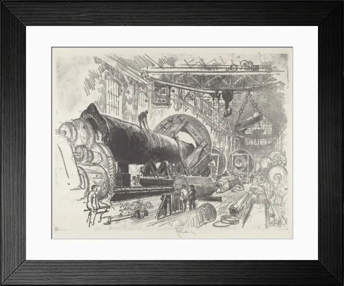 Framed Print : Cutting and Turning a Big Gun, 1916. Creator: Joseph Pennell Framed Print : Cutting and Turning a Big Gun, 1916. Creator: Joseph Pennell