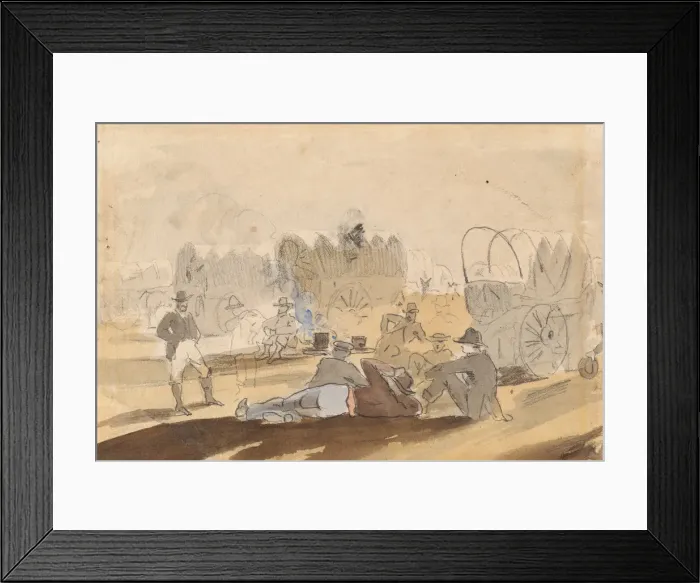 Framed Print : Caravan with Covered Wagons Resting [recto], 1861. Creator: Winslow Homer