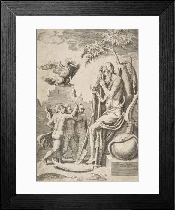 Framed Print : Father Time at the right leaning on a scythe, three naked boys and eagle at the left, 1